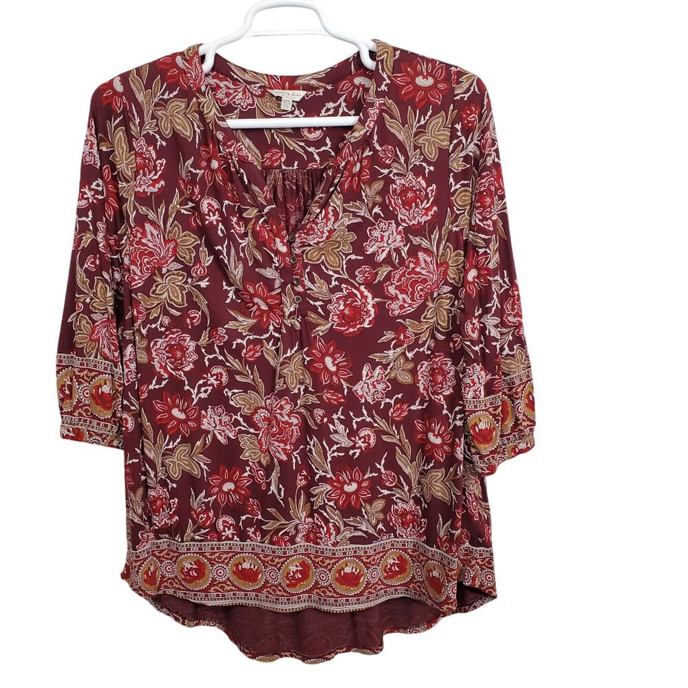 Lucky Brand Womens 1X Blouse Popover Burgundy Paisley Boho Tunic Top 3/4 Sleeve - Picture 2 of 11